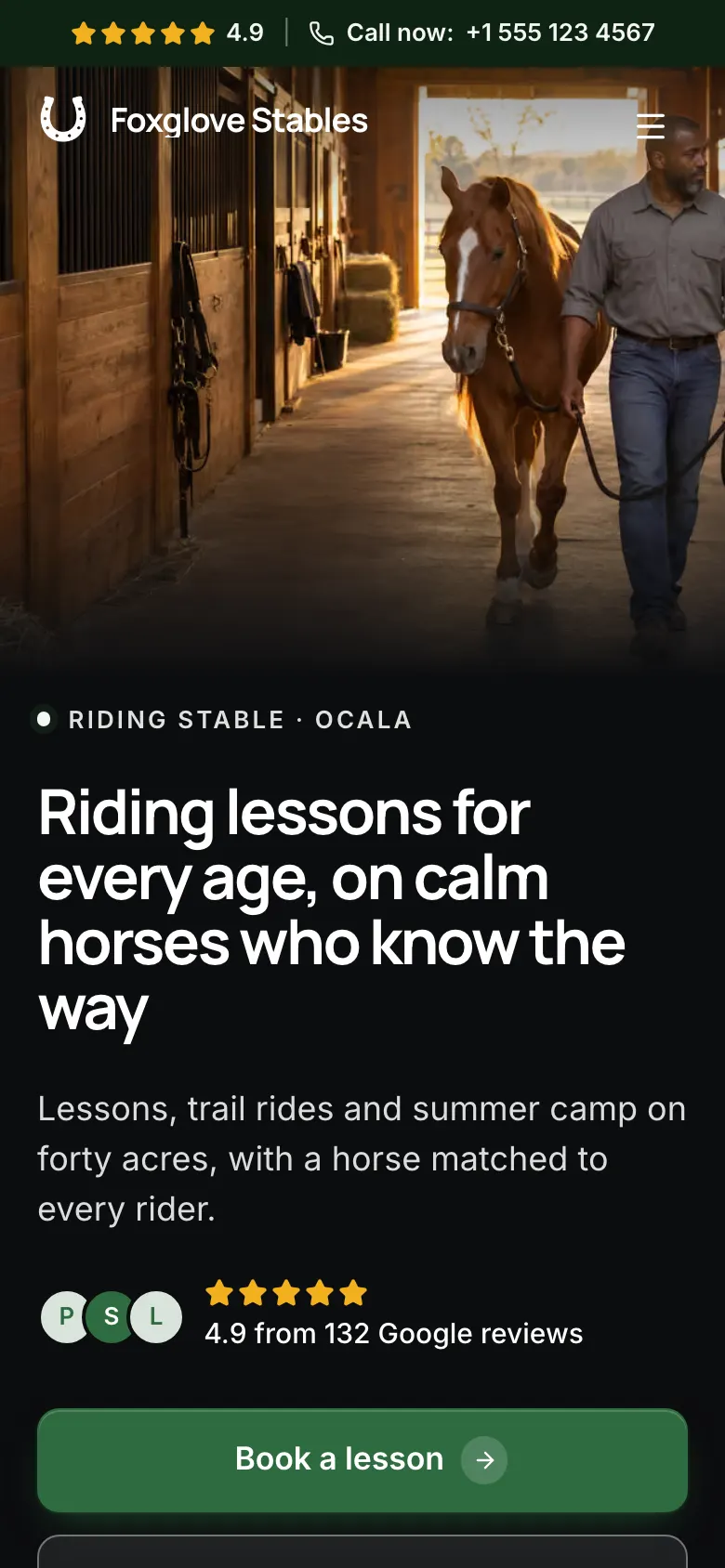 The Riding Stable template on a phone