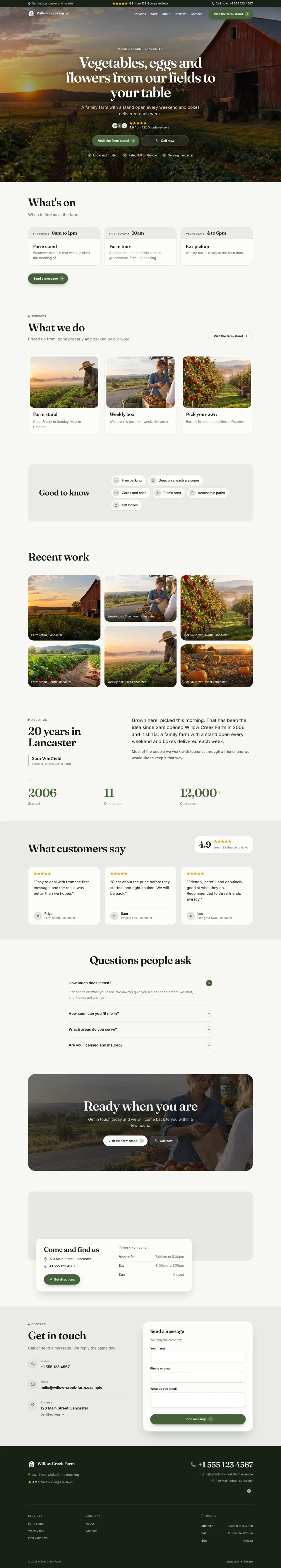 The whole Family Farm home page on a computer, from the top of the page to the contact section