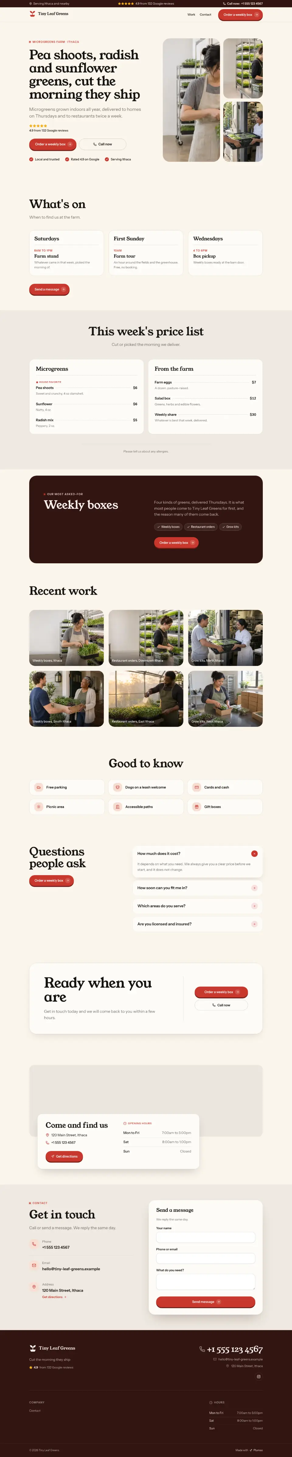 The whole Microgreens Farm home page on a computer, from the top of the page to the contact section