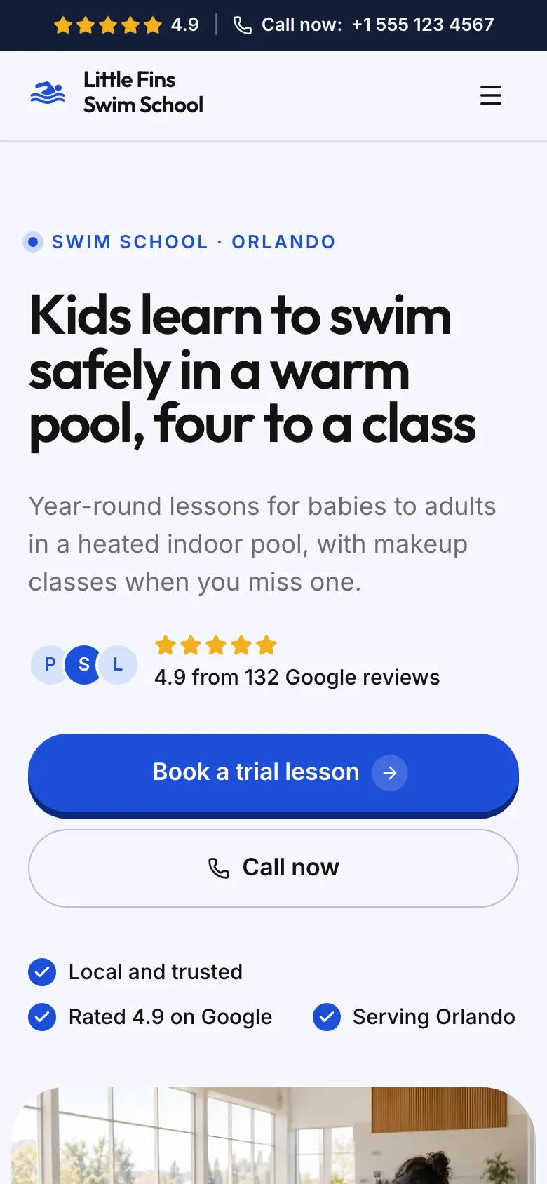 The Swim School template on a phone