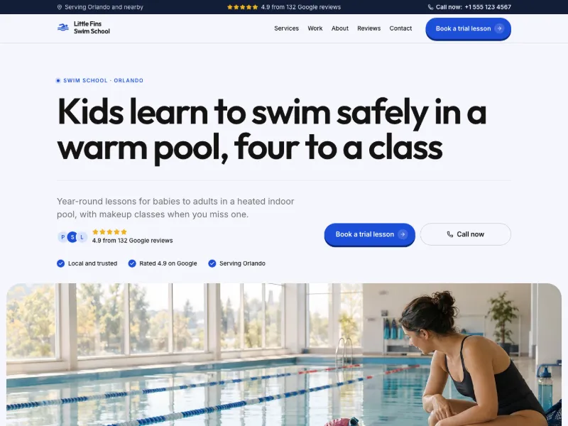The Swim School website template for fitness, worn by a sample business
