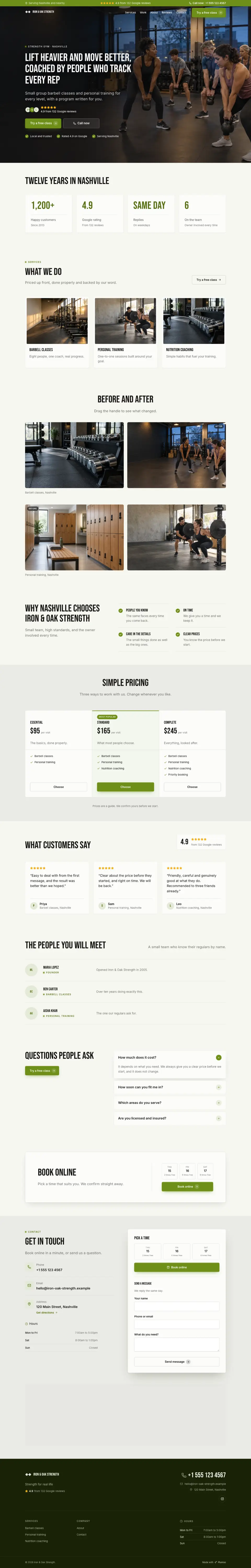 The whole Strength Gym home page on a computer, from the top of the page to the contact section