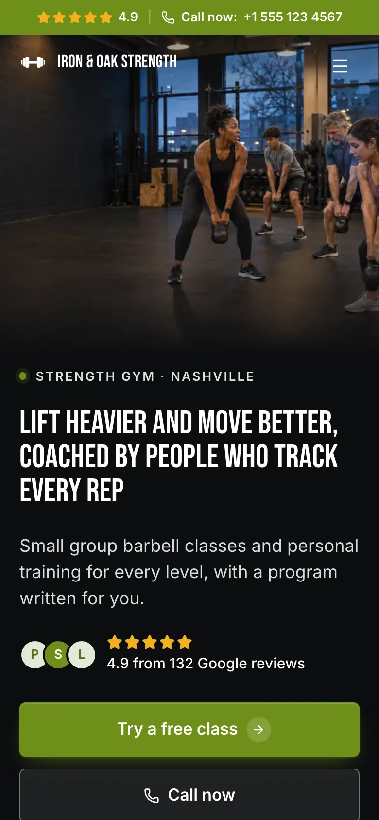 The Strength Gym template on a phone