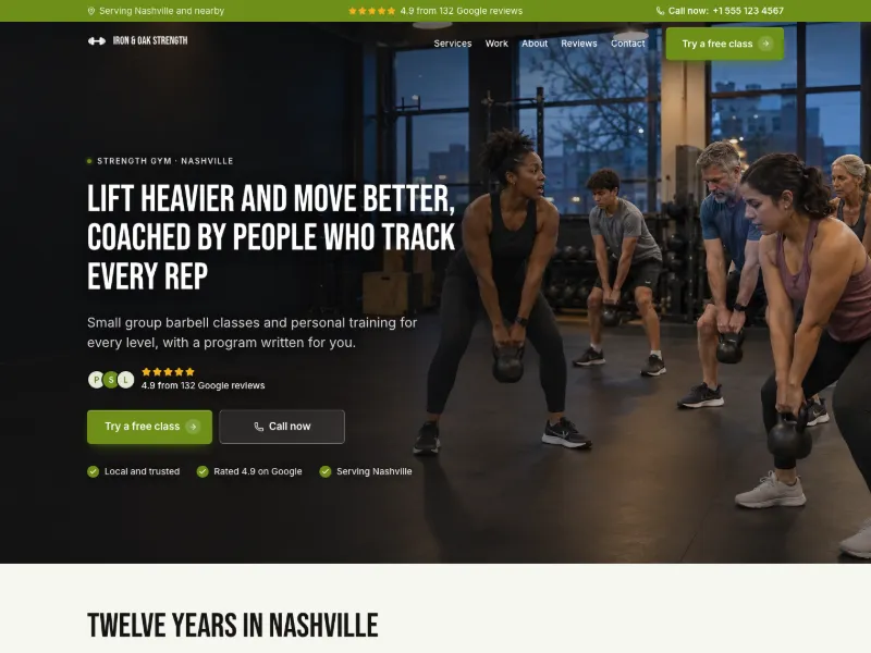 The Strength Gym website template for fitness, worn by a sample business