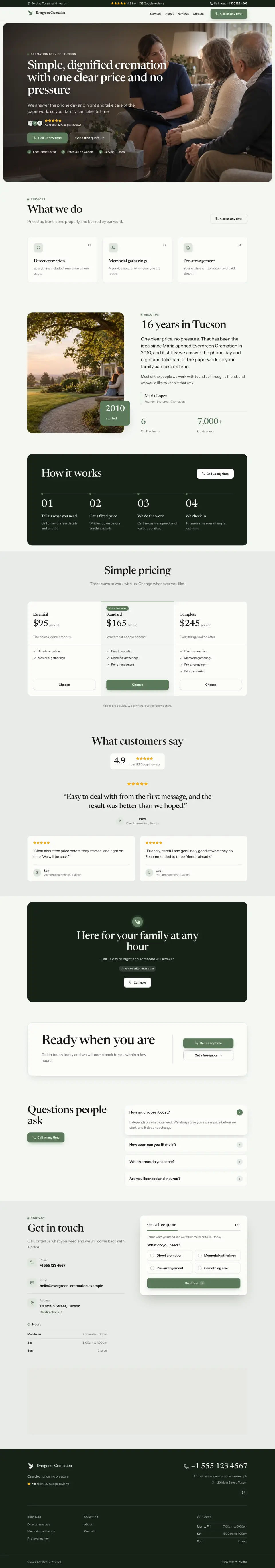 The whole Cremation Service home page on a computer, from the top of the page to the contact section