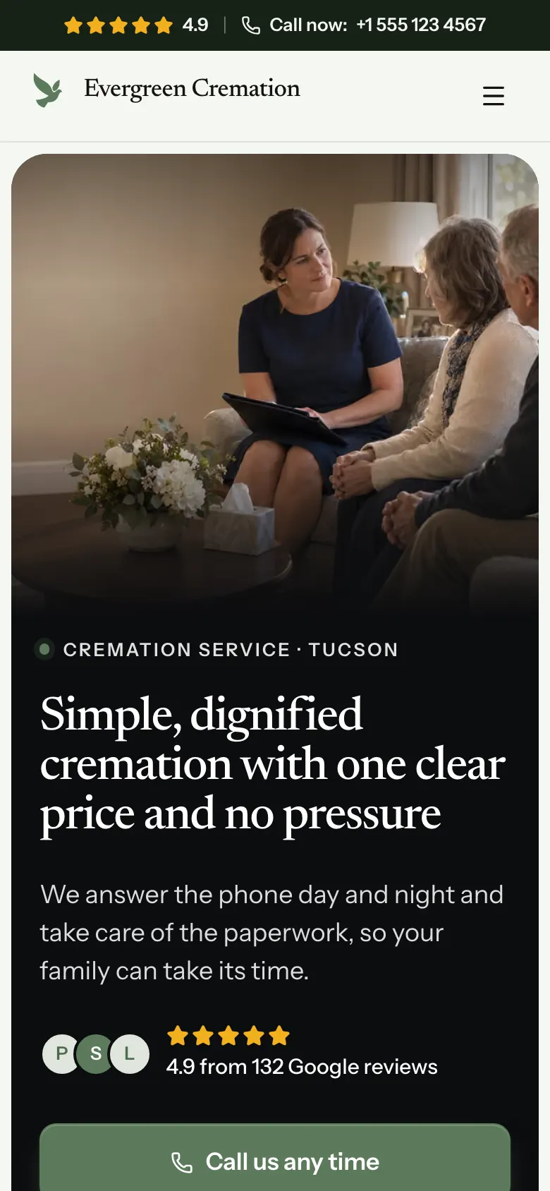The Cremation Service template on a phone