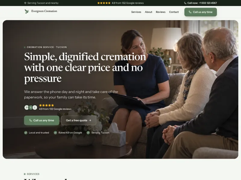 The Cremation Service website template for funeral homes, worn by a sample business