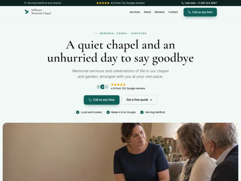 The Memorial Chapel website template for funeral homes, worn by a sample business