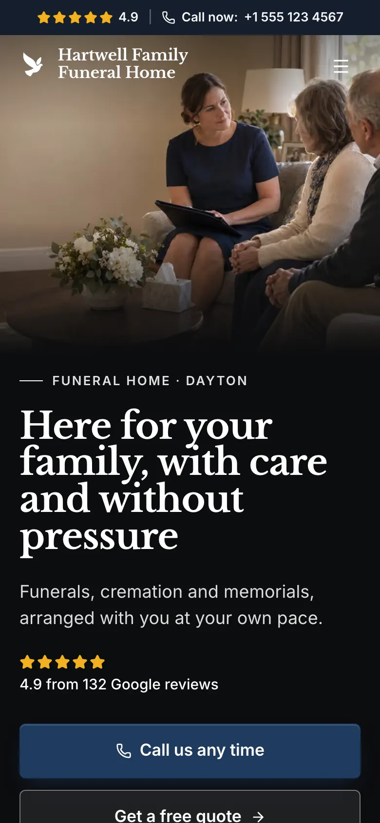 The Funeral Home template on a phone