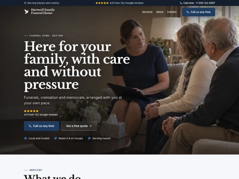 The Funeral Home website template for funeral homes, worn by a sample business