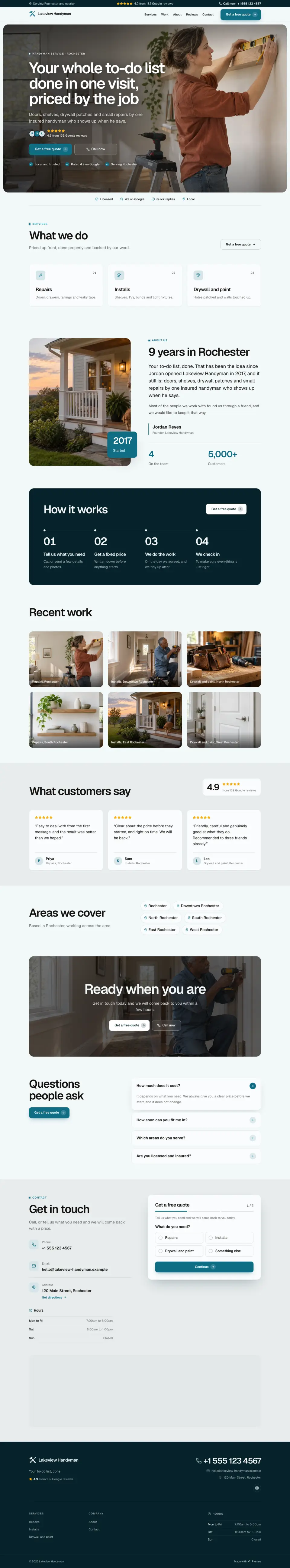The whole Handyman Service home page on a computer, from the top of the page to the contact section