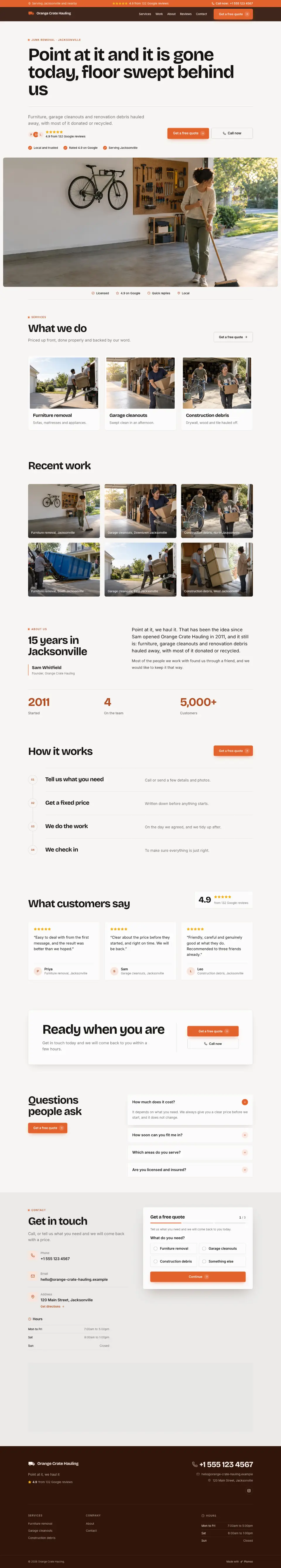 The whole Junk Removal home page on a computer, from the top of the page to the contact section