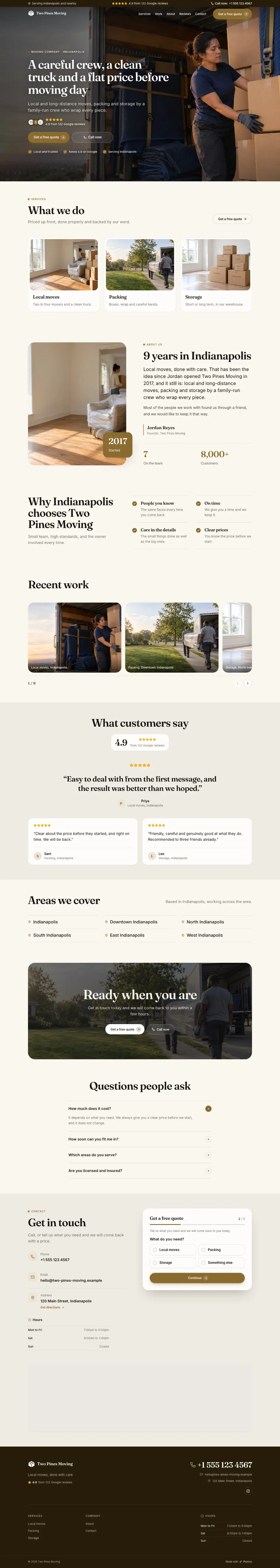 The whole Moving Company home page on a computer, from the top of the page to the contact section
