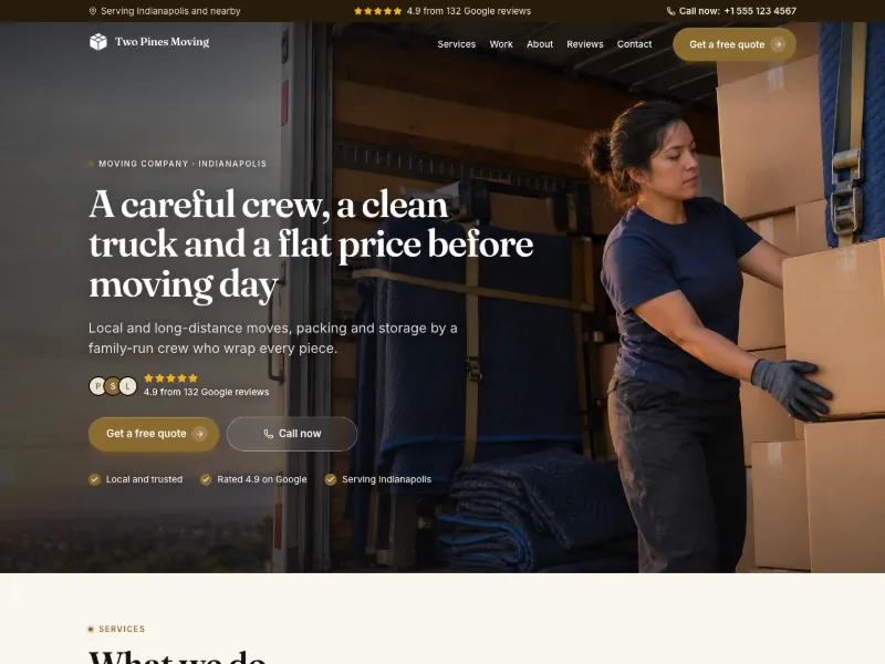 The Moving Company website template for any business, worn by a sample business