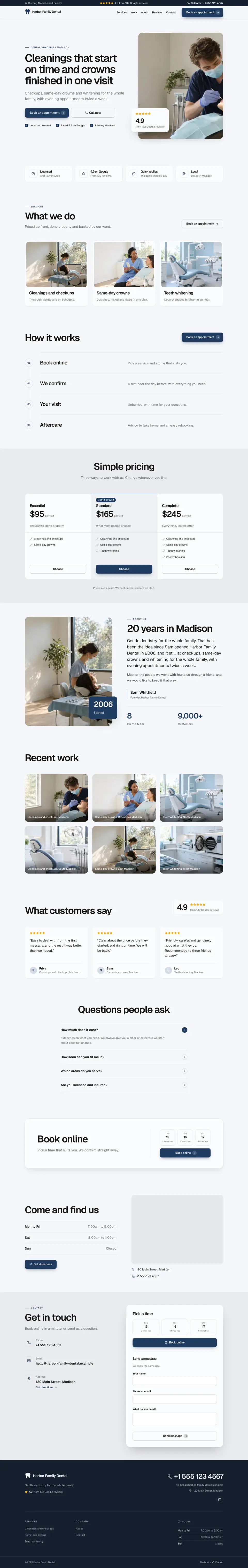 The whole Dental Practice home page on a computer, from the top of the page to the contact section