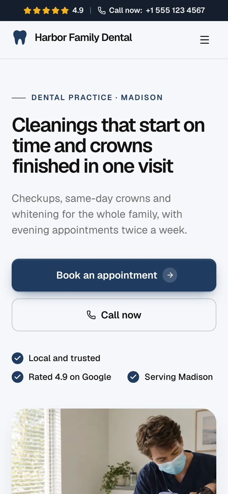 The Dental Practice template on a phone