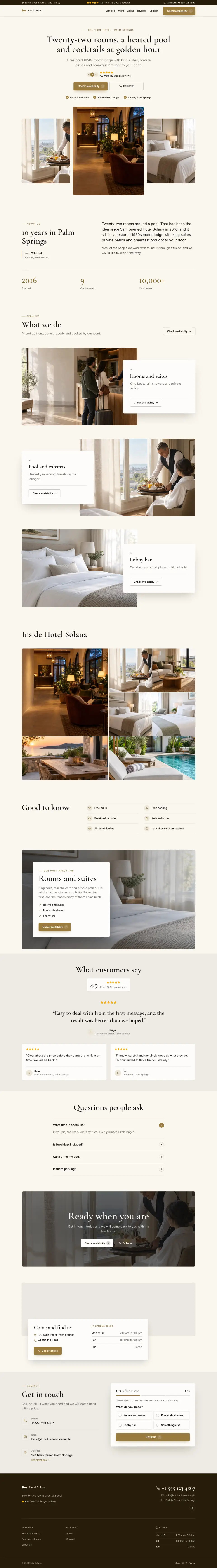 The whole Boutique Hotel home page on a computer, from the top of the page to the contact section