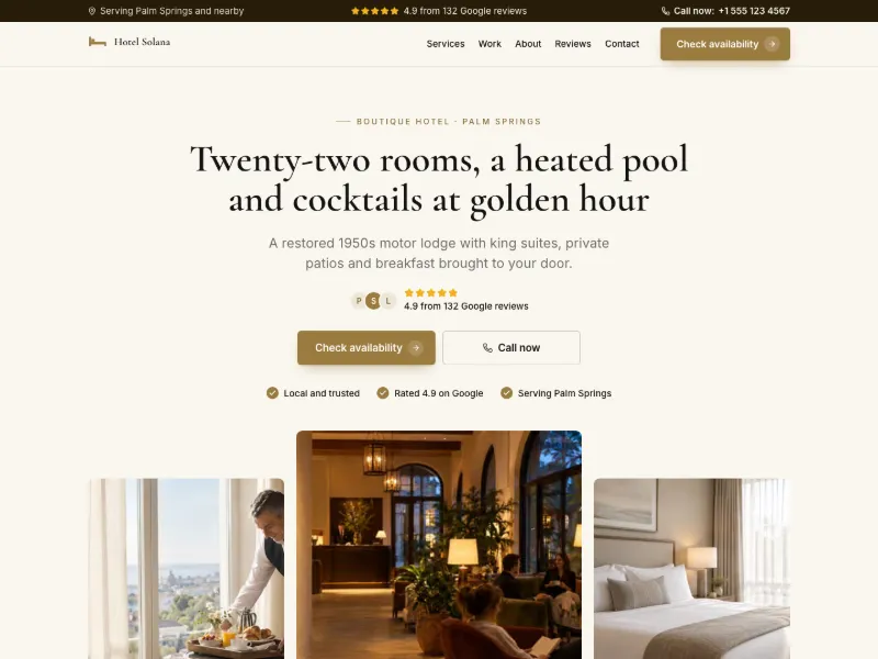 The Boutique Hotel website template for places to stay, worn by a sample business