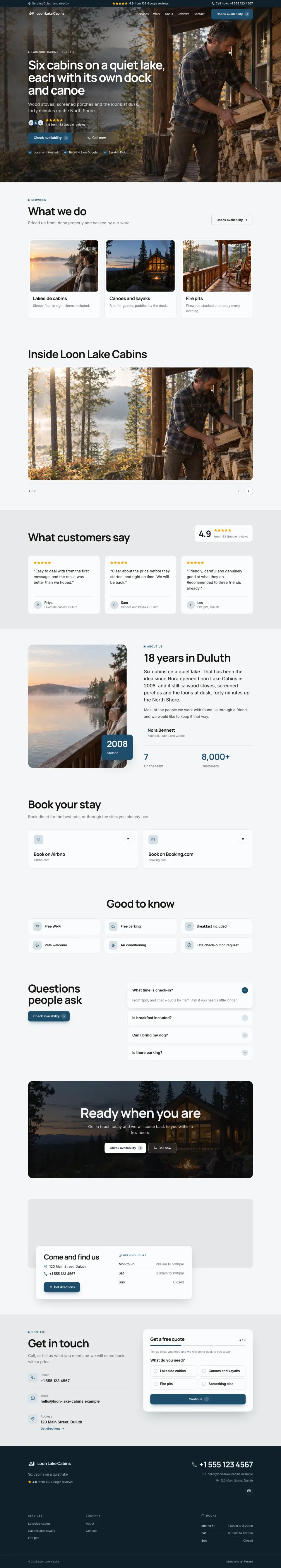 The whole Lakeside Cabins home page on a computer, from the top of the page to the contact section