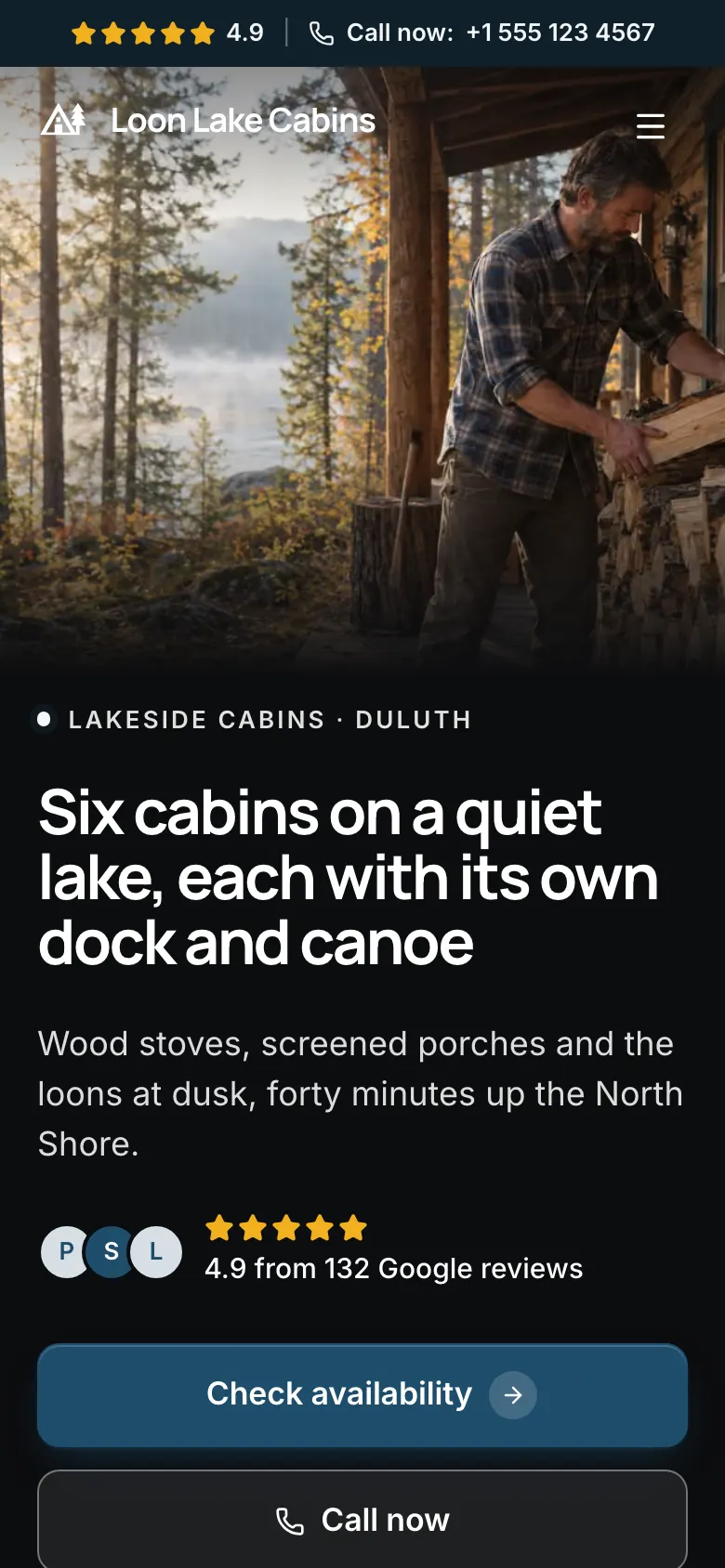 The Lakeside Cabins template on a phone