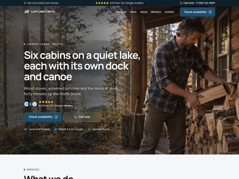 The Lakeside Cabins website template for places to stay, worn by a sample business
