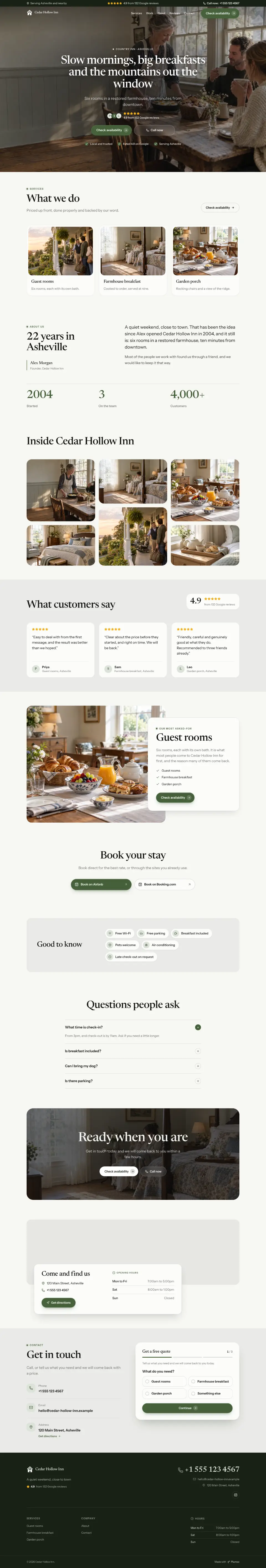 The whole Country Inn home page on a computer, from the top of the page to the contact section