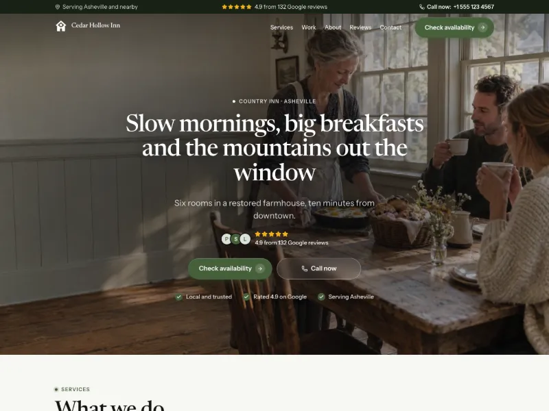 The Country Inn website template for places to stay, worn by a sample business