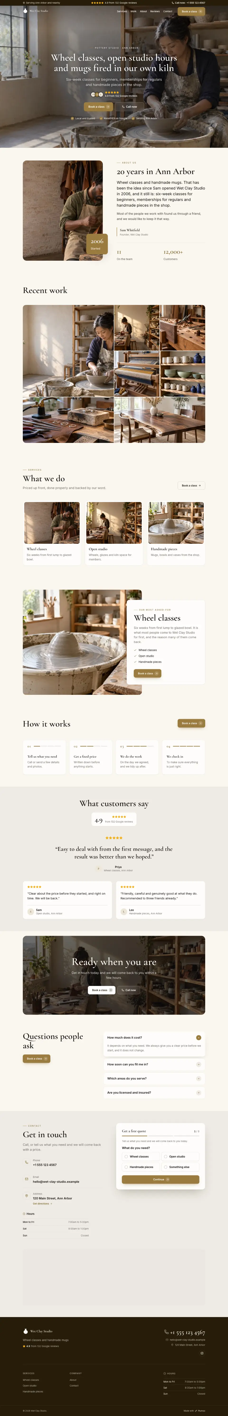 The whole Pottery Studio home page on a computer, from the top of the page to the contact section