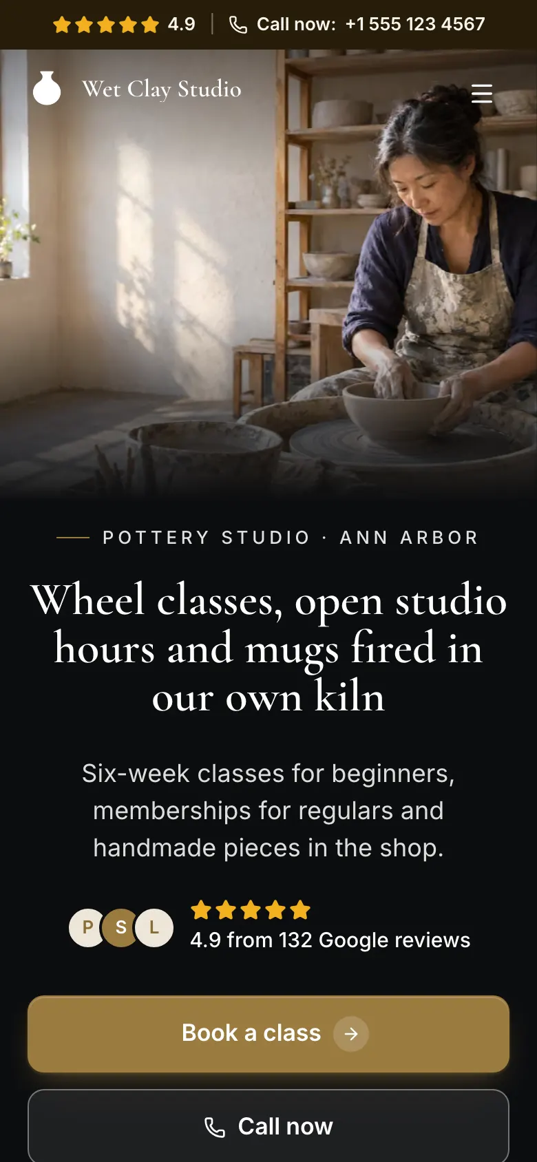The Pottery Studio template on a phone
