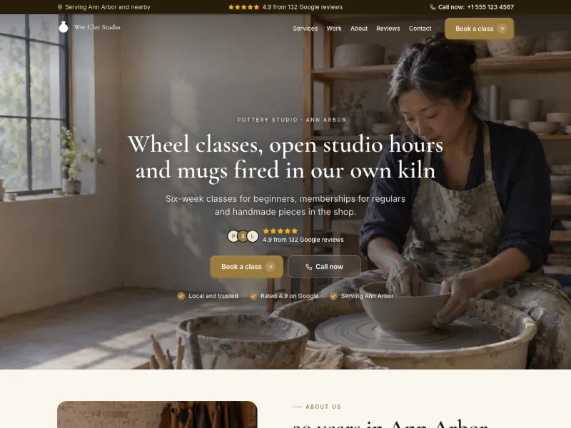 The Pottery Studio website template for makers and artists, worn by a sample business