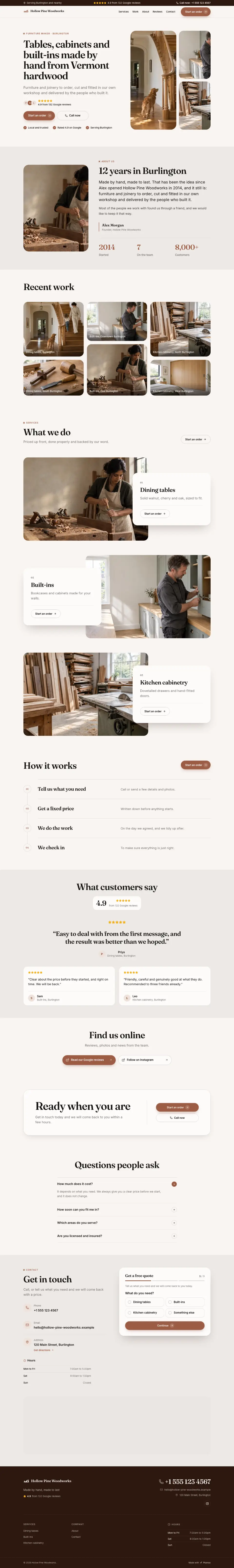 The whole Furniture Maker home page on a computer, from the top of the page to the contact section