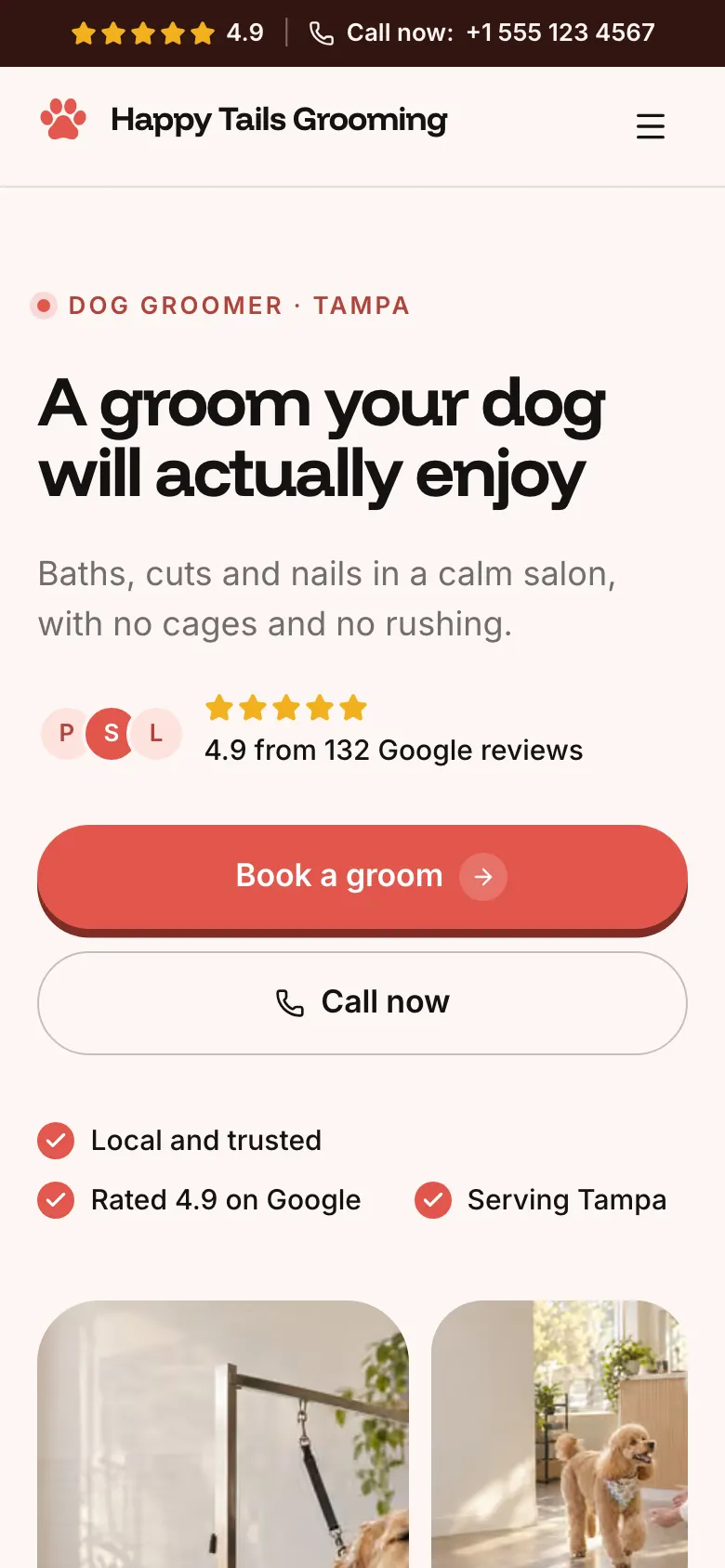 The Dog Groomer template on a phone