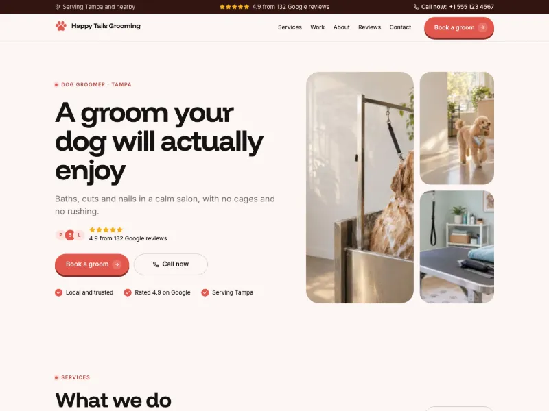 The Dog Groomer website template for pets, worn by a sample business