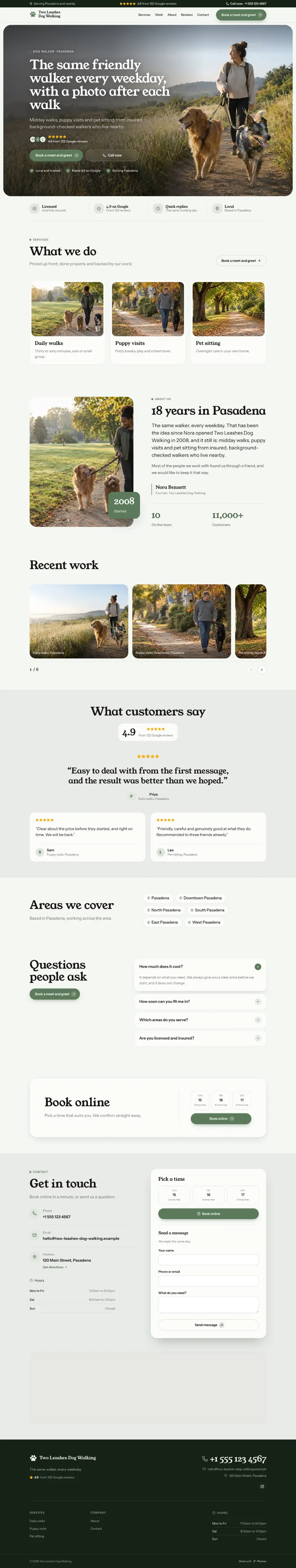 The whole Dog Walker home page on a computer, from the top of the page to the contact section