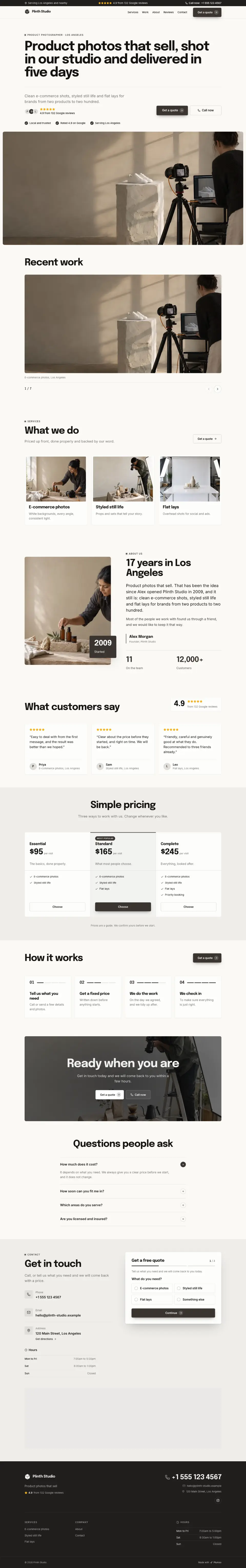 The whole Product Photographer home page on a computer, from the top of the page to the contact section