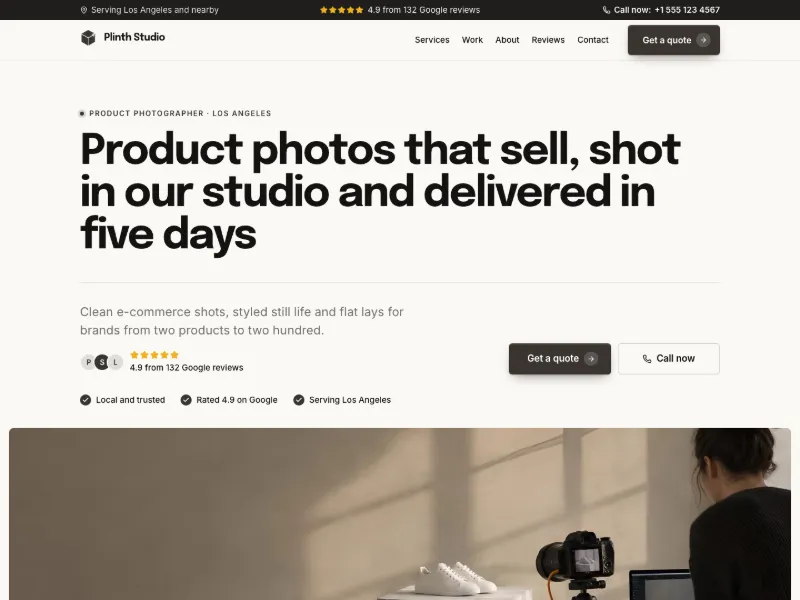 The Product Photographer website template for photographers, worn by a sample business