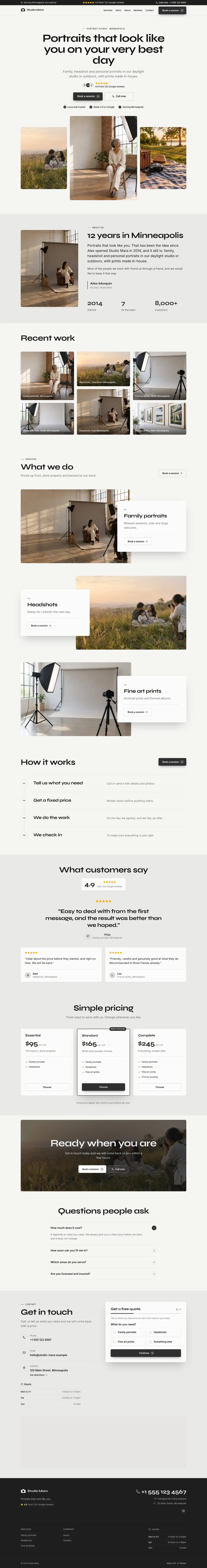 The whole Portrait Studio home page on a computer, from the top of the page to the contact section