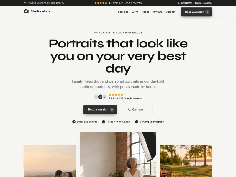The Portrait Studio website template for photographers, worn by a sample business