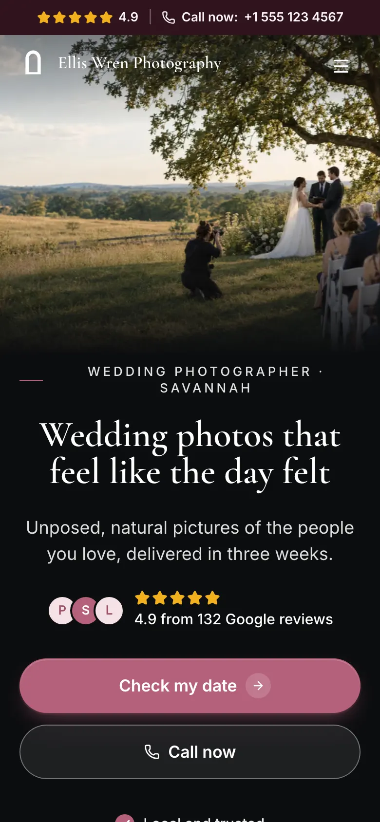 The Wedding Photographer template on a phone