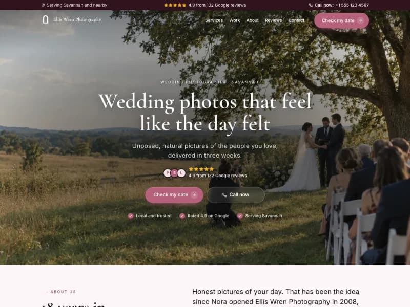 The Wedding Photographer website template for photographers, worn by a sample business