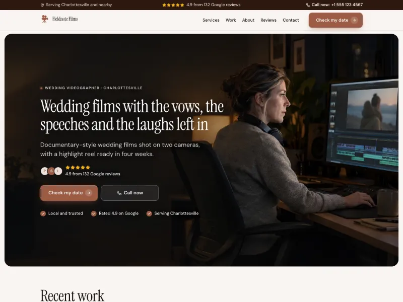 The Wedding Videographer website template for photographers, worn by a sample business