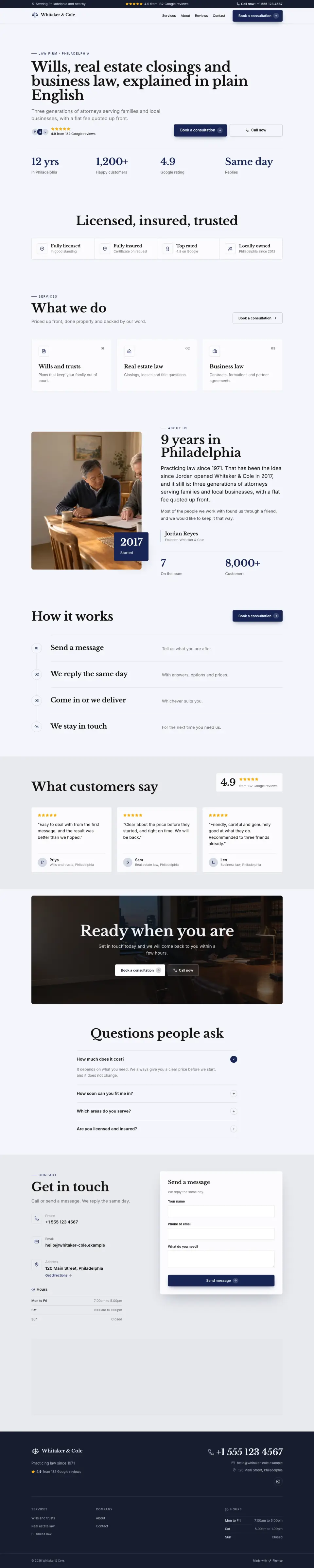 The whole Law Firm home page on a computer, from the top of the page to the contact section