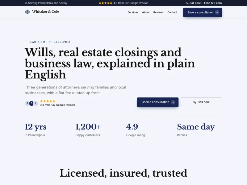 The Law Firm website template for professional services, worn by a sample business