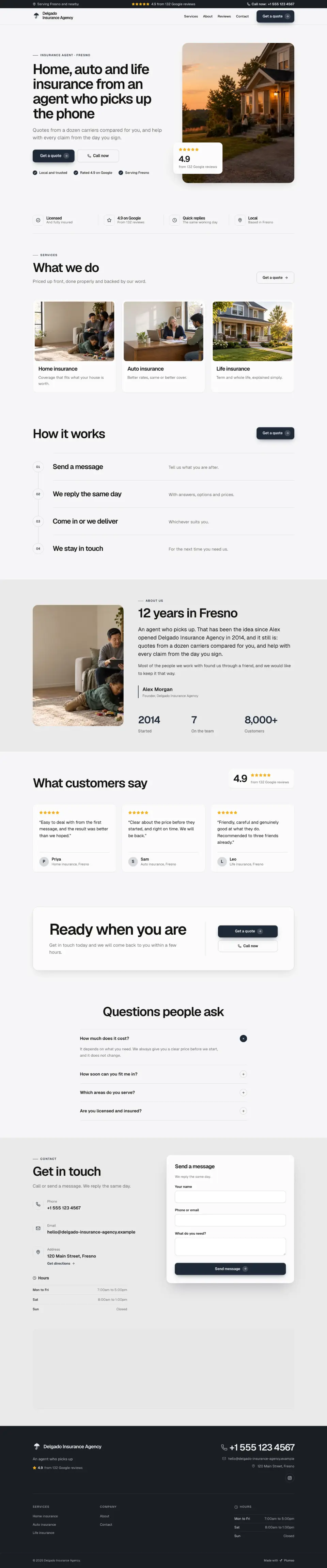 The whole Insurance Agent home page on a computer, from the top of the page to the contact section