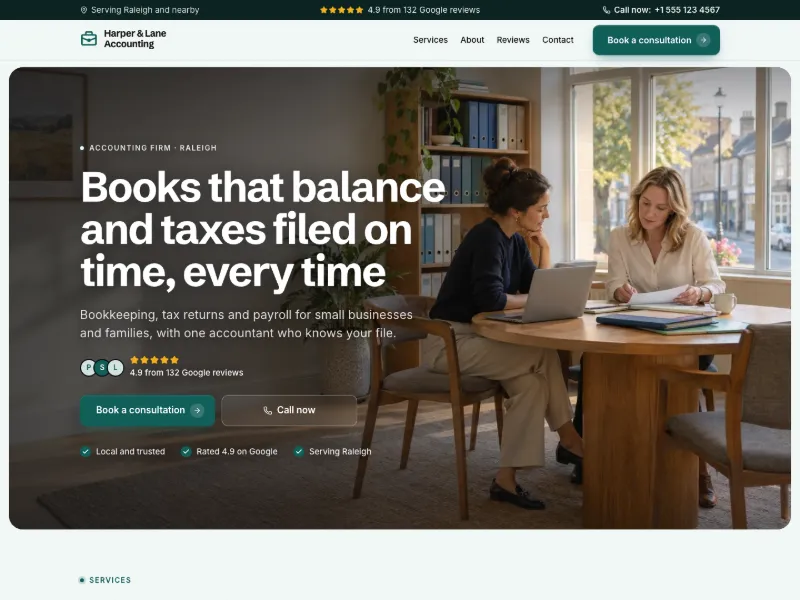 The Accounting Firm website template for professional services, worn by a sample business