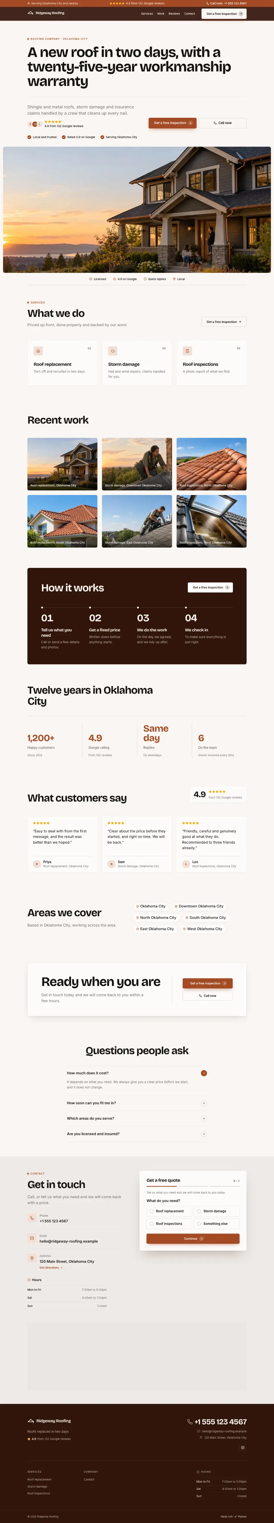 The whole Roofing Company home page on a computer, from the top of the page to the contact section