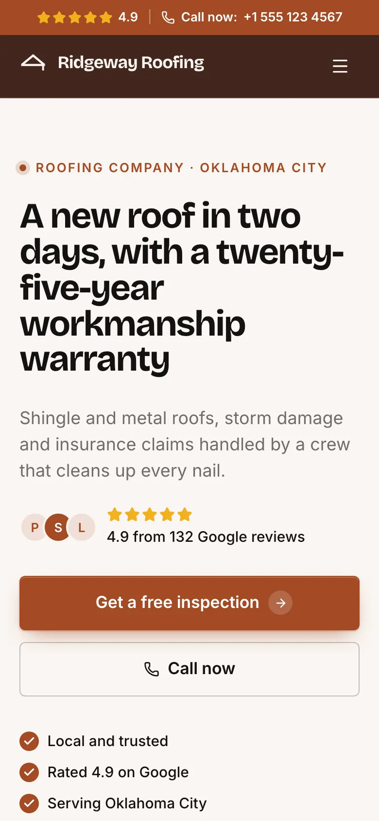 The Roofing Company template on a phone