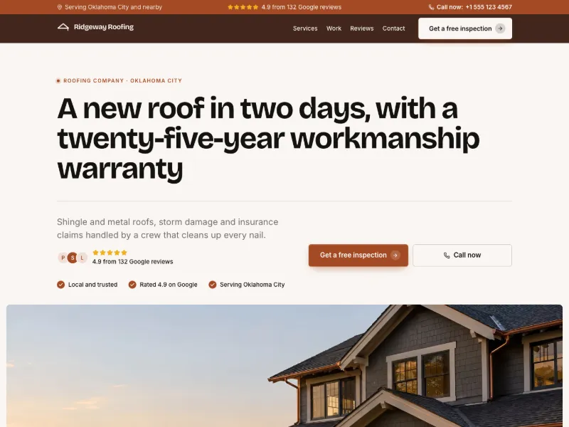 The Roofing Company website template for contractors and builders, worn by a sample business