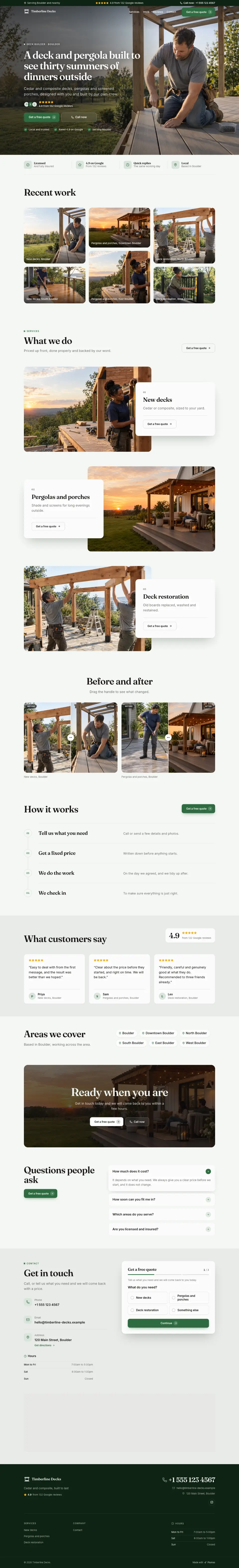 The whole Deck Builder home page on a computer, from the top of the page to the contact section