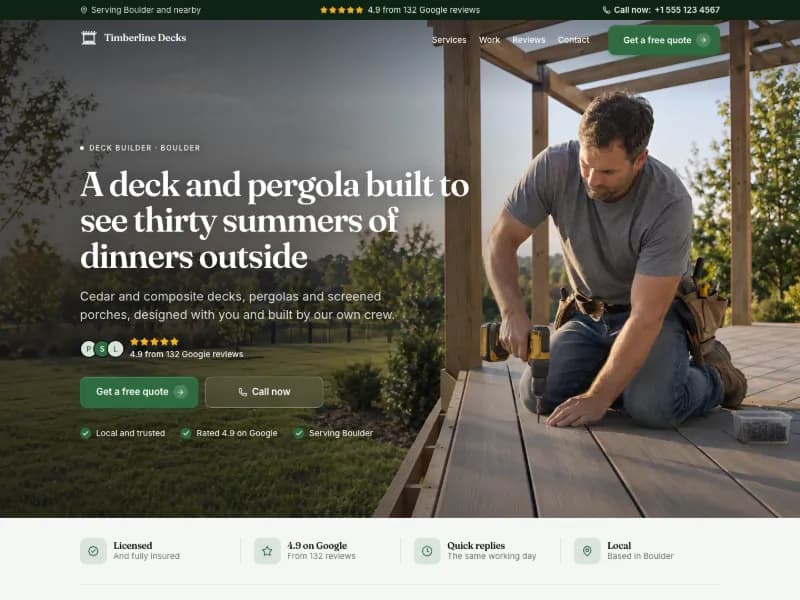 The Deck Builder website template for contractors and builders, worn by a sample business